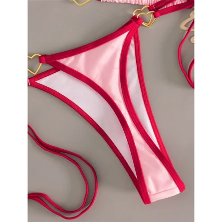 Pink & Red Contrast Trim Thong Bikini Set with Gold Heart Detail - Image 6
