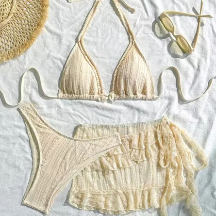 Milky White 3 Piece Bikini Set with Cute Skirt and Delicate Ruffle Details