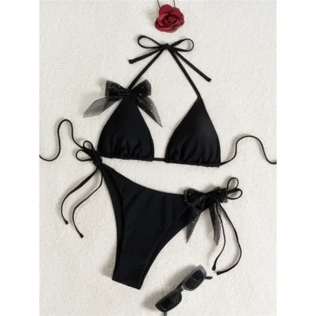 Elegant Bow-Detail Black Triangle Bikini Set - Image 3