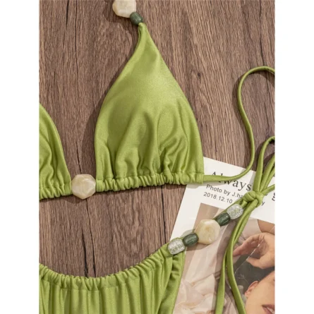 Beach-Ready Green Triangle Bikini with Unique Beaded Design - Image 5