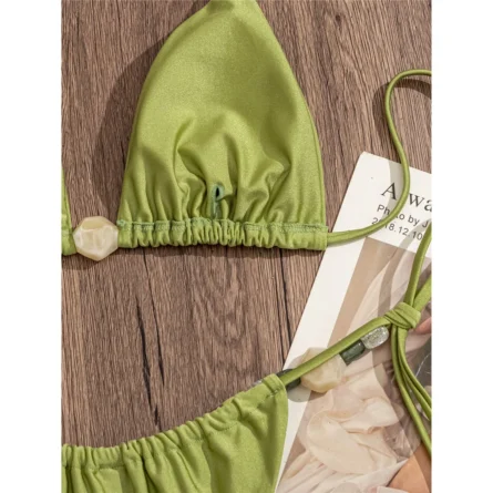Beach-Ready Green Triangle Bikini with Unique Beaded Design - Image 6