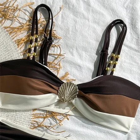 Golden Seashell Twist-Front Bikini Set for Effortless Beach Elegance - Image 9