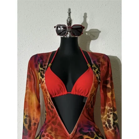Red Leopard 3-Piece Bikini Set with Cover-Up - Image 5
