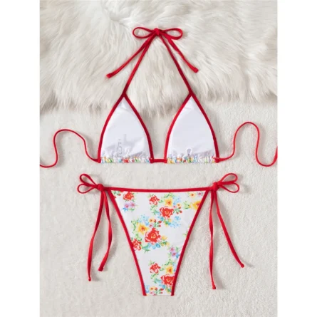 White Floral Triangle Bikini Set with Red String Ties - Image 6