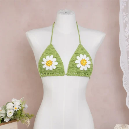 Sunlit Garden Vibes Green Crocheted Bikini Top - Image 3