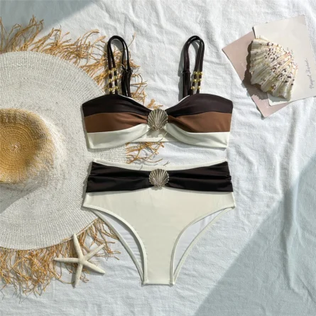 Golden Seashell Twist-Front Bikini Set for Effortless Beach Elegance - Image 6