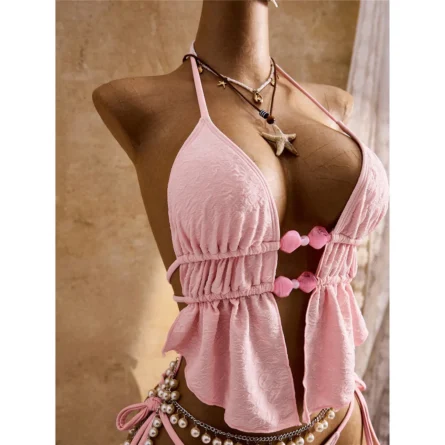 Chic Pink Bikini Set with Ruffled Top and Ties - Image 5