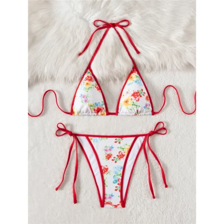 White Floral Triangle Bikini Set with Red String Ties - Image 5