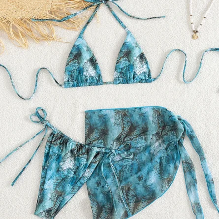 Serene Ocean Breeze 3 Piece Bikini Set with Sarong