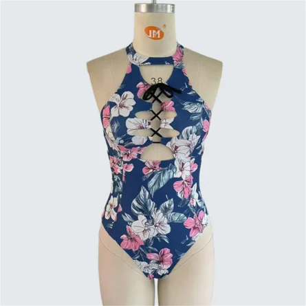 Floral High Neck Cutout One-Piece Swimsuit with Lace-Up Detail