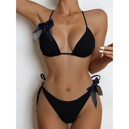 Elegant Bow-Detail Black Triangle Bikini Set - Image 2