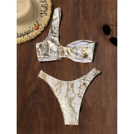 Gold One Shoulder Bikini with Unique Cutout Detail - Image 5