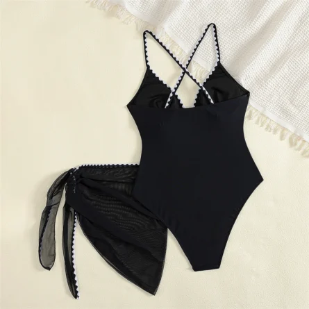Elegant Black Swimsuit with Chic Sarong and Strappy Detail - Image 3