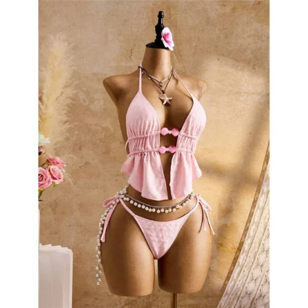 Chic Pink Bikini Set with Ruffled Top and Ties - Image 3