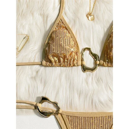 Gold Glitter Sequin Bikini Set with Ring Details - Image 5