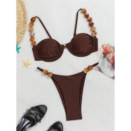 Brown Bikini with Unique Beaded Straps for a Beachy Vibe