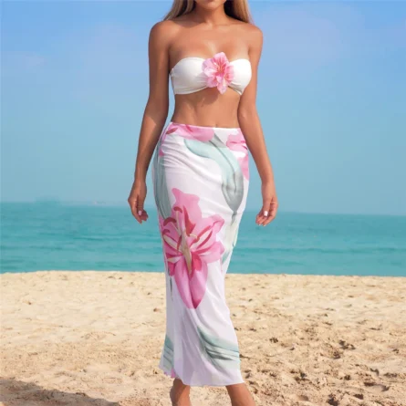 Lagoon Bloom 3D Flower Bandeau Bikini Set with Elegant Maxi Skirt - Image 2