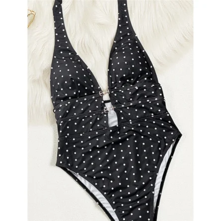 Black Polka Dot Halter One-Piece Swimsuit with Cut-Out & Silver Chain Detail - Image 6