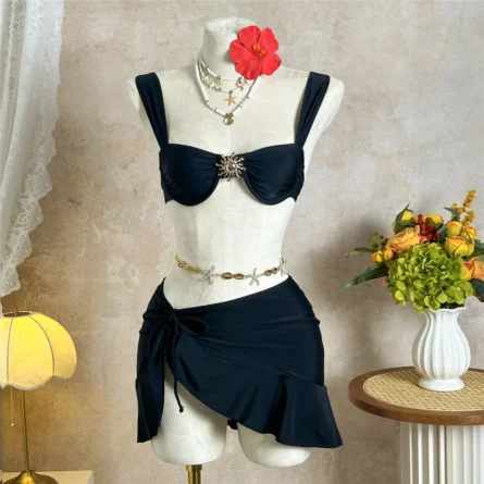 Electric Calm 3-Piece Ruffled Skirt Bikini Set