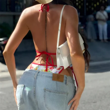 White Floral Triangle Bikini Set with Red String Ties - Image 4