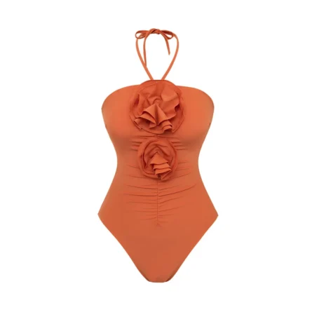 Terracotta Rose Appliqué Halter One-Piece Swimsuit