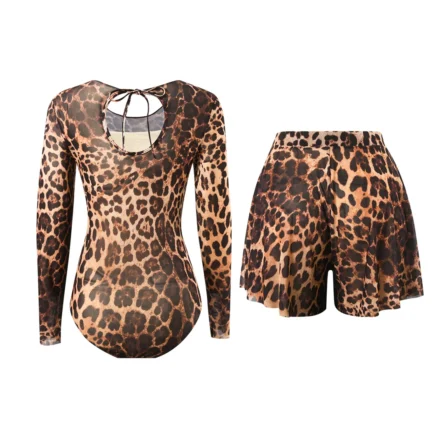 Leopard Long Sleeve Swimsuit with Matching Shorts - Image 3