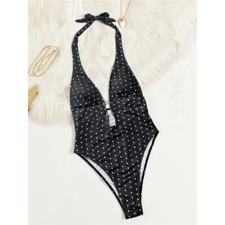 Black Polka Dot Halter One-Piece Swimsuit with Cut-Out & Silver Chain Detail - Image 4