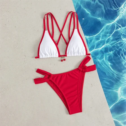 Cherry Inspired Red Strappy Bikini Set with Playful Knot Detail - Image 3