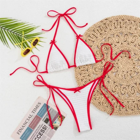 Crinkled Two-Piece Bikini with Strappy Red Accents - Image 3