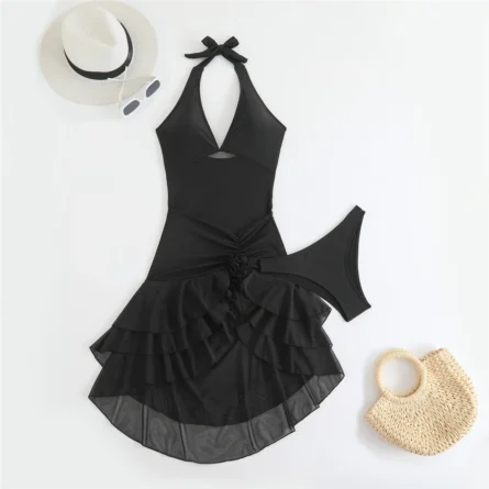 Halter Swim Dress with Ruffled Skirt Detail - Image 13