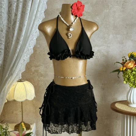 White Ruffled Bikini Set with Sheer Lace Skirt Cover-Up