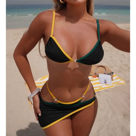 Bold Contrast Thong Bikini Set with Skirt - Image 3