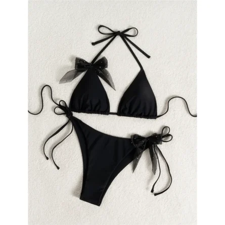 Elegant Bow-Detail Black Triangle Bikini Set - Image 4