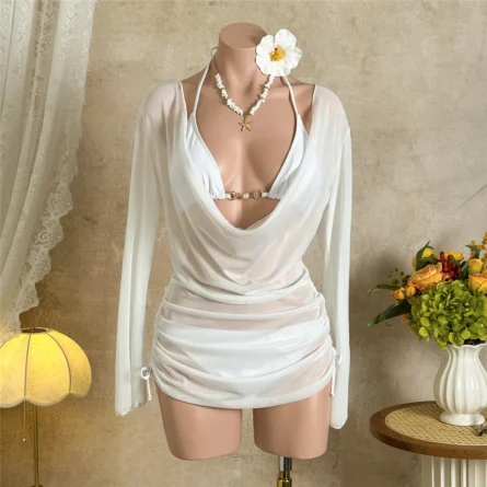Elegant Sheer White Cover-Up Bikini Set with Adjustable Side Ruching - Image 8
