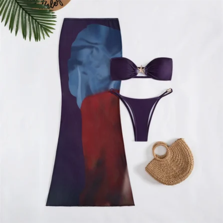 Purple Bandeau Maxi Skirt Set with Colorful Print Details - Image 2