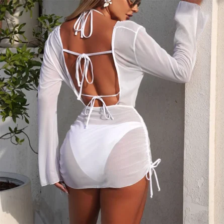 Elegant Sheer White Cover-Up Bikini Set with Adjustable Side Ruching - Image 5