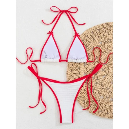 Crinkled Two-Piece Bikini with Strappy Red Accents - Image 4