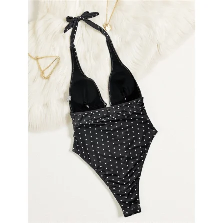 Black Polka Dot Halter One-Piece Swimsuit with Cut-Out & Silver Chain Detail - Image 5