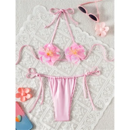 Wild But Unbothered Shiny 3D Flower Micro Bikini - Image 5