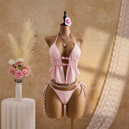 Chic Pink Bikini Set with Ruffled Top and Ties - Image 2