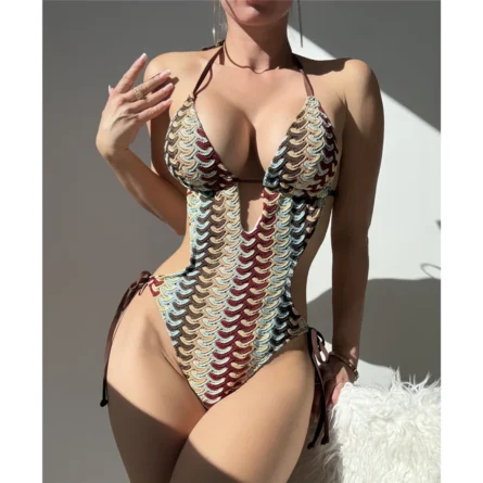 Bold Waves Deep V Neck One-Piece Swimsuit - Image 3