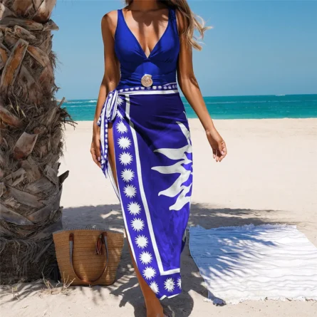 Sunlit Shores Embrace Modest Swimsuit with Flowing Sarong