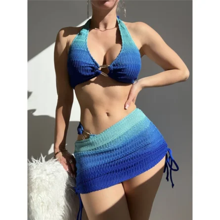 Ocean Breeze Halter Top Bikini with Ruched Skirt Wrap - Image 4