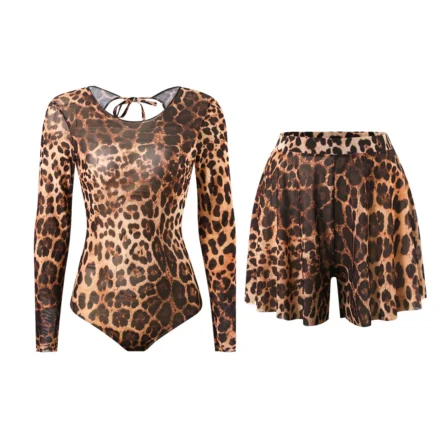 Leopard Long Sleeve Swimsuit with Matching Shorts - Image 2