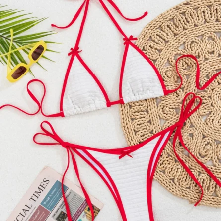 Crinkled Two-Piece Bikini with Strappy Red Accents - Image 2