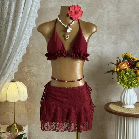 White Ruffled Bikini Set with Sheer Lace Skirt Cover-Up