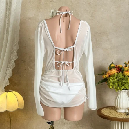Elegant Sheer White Cover-Up Bikini Set with Adjustable Side Ruching - Image 10