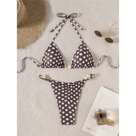 Polka Dot Charm Triangle Bikini with Adjustable Ties and Ruched Thong Bottom - Image 2