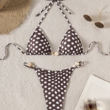 Polka Dot Charm Triangle Bikini with Adjustable Ties and Ruched Thong Bottom