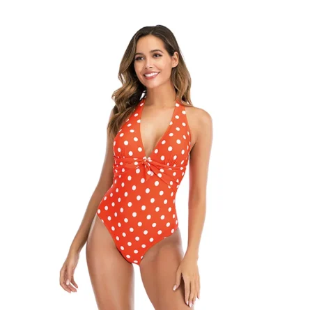 Polka Dot Halterneck One-Piece Swimsuit with Deep V & Knot Waist Detail - Image 15